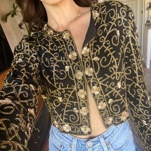 Vintage cropped beaded sequin black and gold blazer